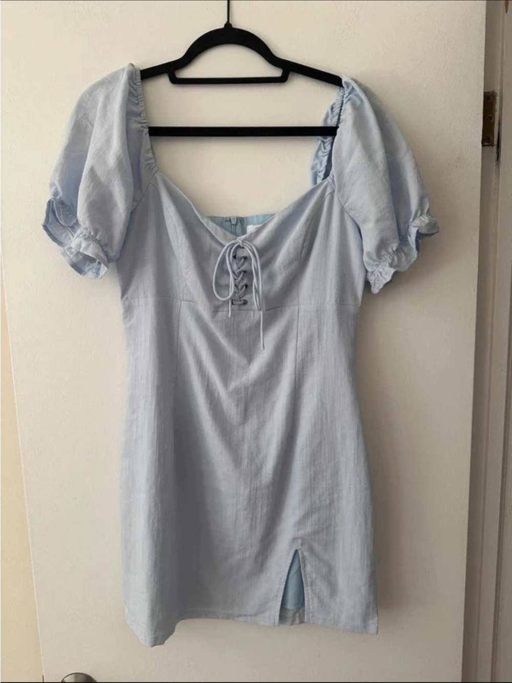 Light Blue Puff Sleeve Mini Dress with corset detail
